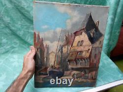 Tableau Ancien Peinture Huile Marine Bord de Mer Bateau Ecole de Barbizon XIXeme