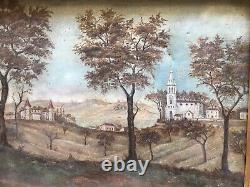 Tableau Ancien Peinture Huile Originale Encadré XIXéme Siècle Paysage Eglise