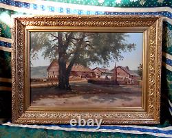 Tableau Ancien Peinture Huile Papier Ecole de Barbizon Alsace Cadre Dore XIXeme