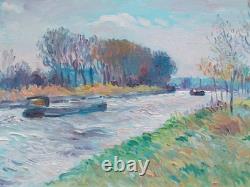 Tableau Ancien Peinture Huile Sur Toile Thibaudeau St Momelin Canal Saint Omer