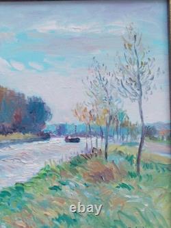 Tableau Ancien Peinture Huile Sur Toile Thibaudeau St Momelin Canal Saint Omer