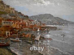 Tableau Ancien Peinture Huile sur Panneau Marine Bord de Mer Bateau Italien Port