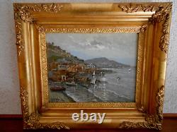 Tableau Ancien Peinture Huile sur Panneau Marine Bord de Mer Bateau Italien Port