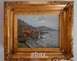 Tableau Ancien Peinture Huile sur Panneau Marine Bord de Mer Bateau Italien Port