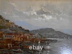 Tableau Ancien Peinture Huile sur Panneau Marine Bord de Mer Bateau Italien Port