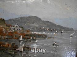 Tableau Ancien Peinture Huile sur Panneau Marine Bord de Mer Bateau Italien Port