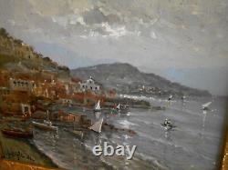 Tableau Ancien Peinture Huile sur Panneau Marine Bord de Mer Bateau Italien Port