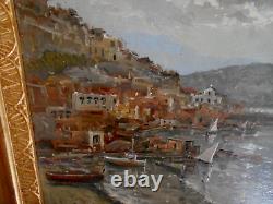 Tableau Ancien Peinture Huile sur Panneau Marine Bord de Mer Bateau Italien Port