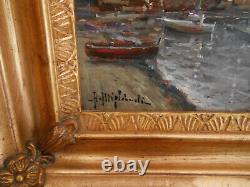 Tableau Ancien Peinture Huile sur Panneau Marine Bord de Mer Bateau Italien Port