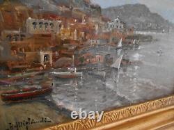 Tableau Ancien Peinture Huile sur Panneau Marine Bord de Mer Bateau Italien Port