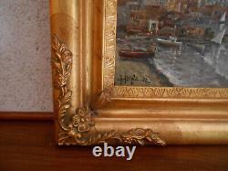 Tableau Ancien Peinture Huile sur Panneau Marine Bord de Mer Bateau Italien Port