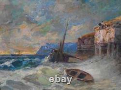 Tableau Ancien Peinture Huile sur Panneau Marine Bord de Mer Bretagne Bateau