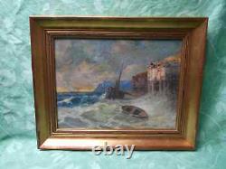 Tableau Ancien Peinture Huile sur Panneau Marine Bord de Mer Bretagne Bateau