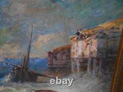 Tableau Ancien Peinture Huile sur Panneau Marine Bord de Mer Bretagne Bateau