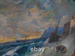 Tableau Ancien Peinture Huile sur Panneau Marine Bord de Mer Bretagne Bateau