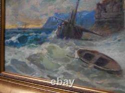 Tableau Ancien Peinture Huile sur Panneau Marine Bord de Mer Bretagne Bateau