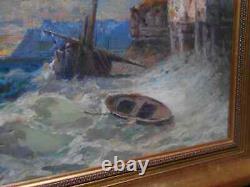 Tableau Ancien Peinture Huile sur Panneau Marine Bord de Mer Bretagne Bateau