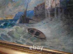 Tableau Ancien Peinture Huile sur Panneau Marine Bord de Mer Bretagne Bateau