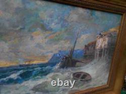 Tableau Ancien Peinture Huile sur Panneau Marine Bord de Mer Bretagne Bateau