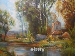 Tableau Ancien Peinture Huile sur Toile Ecole de Barbizon Vache Campagne XIXeme