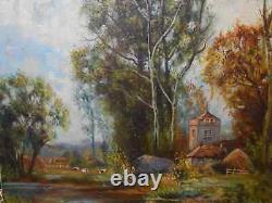 Tableau Ancien Peinture Huile sur Toile Ecole de Barbizon Vache Campagne XIXeme