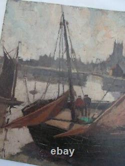 Tableau Ancien Peinture Marine Port Peche Huile Signe A Brion Old Painting XX