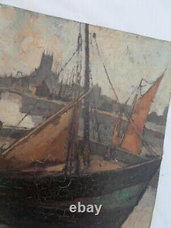 Tableau Ancien Peinture Marine Port Peche Huile Signe A Brion Old Painting XX