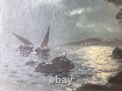 Tableau Ancien Peinture Originale NERLOW Marine Nocturne Voiliers 1929