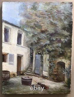 Tableau Ancien Peinture Originale à L'Huile Maison Cour France XIXème Siècle