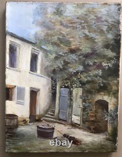 Tableau Ancien Peinture Originale à L'Huile Maison Cour France XIXème Siècle