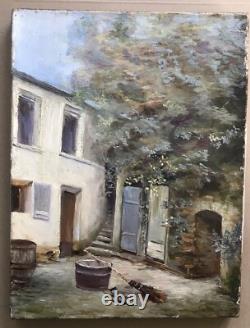 Tableau Ancien Peinture Originale à L'Huile Maison Cour France XIXème Siècle