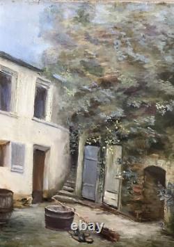 Tableau Ancien Peinture Originale à L'Huile Maison Cour France XIXème Siècle