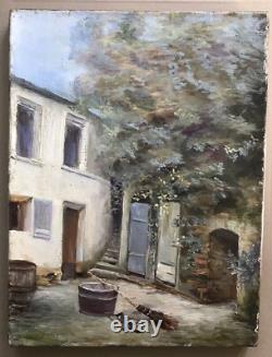 Tableau Ancien Peinture Originale à L'Huile Maison Cour France XIXème Siècle