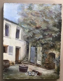 Tableau Ancien Peinture Originale à L'Huile Maison Cour France XIXème Siècle