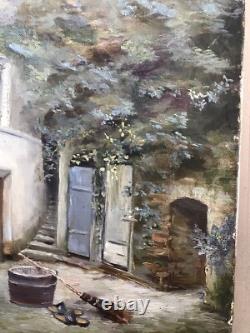 Tableau Ancien Peinture Originale à L'Huile Maison Cour France XIXème Siècle
