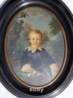 Tableau Ancien Peinture XIX Enfant Miniature Huile French Antique Oil Painting