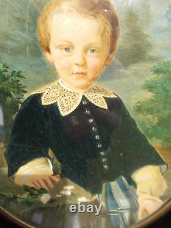 Tableau Ancien Peinture XIX Enfant Miniature Huile French Antique Oil Painting