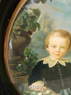 Tableau Ancien Peinture XIX Enfant Miniature Huile French Antique Oil Painting