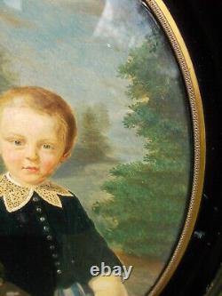 Tableau Ancien Peinture XIX Enfant Miniature Huile French Antique Oil Painting