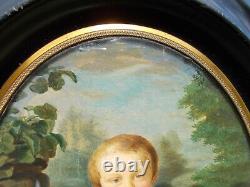 Tableau Ancien Peinture XIX Enfant Miniature Huile French Antique Oil Painting