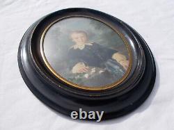 Tableau Ancien Peinture XIX Enfant Miniature Huile French Antique Oil Painting