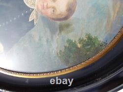 Tableau Ancien Peinture XIX Enfant Miniature Huile French Antique Oil Painting