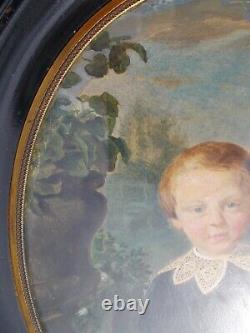 Tableau Ancien Peinture XIX Enfant Miniature Huile French Antique Oil Painting