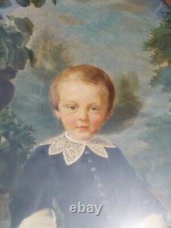 Tableau Ancien Peinture XIX Enfant Miniature Huile French Antique Oil Painting