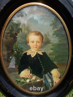 Tableau Ancien Peinture XIX Enfant Miniature Huile French Antique Oil Painting