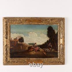 Tableau Ancien Peinture de Paysage avec Scène Pastorale XVIIIe Siècle