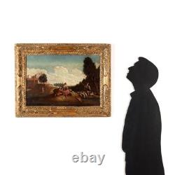 Tableau Ancien Peinture de Paysage avec Scène Pastorale XVIIIe Siècle
