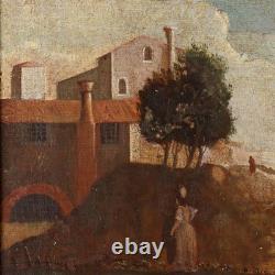 Tableau Ancien Peinture de Paysage avec Scène Pastorale XVIIIe Siècle