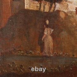 Tableau Ancien Peinture de Paysage avec Scène Pastorale XVIIIe Siècle