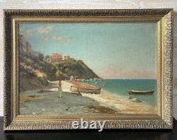 Tableau Ancien Plage de Capri Bord de Mer Côte Napolitaine Huile sur Toile